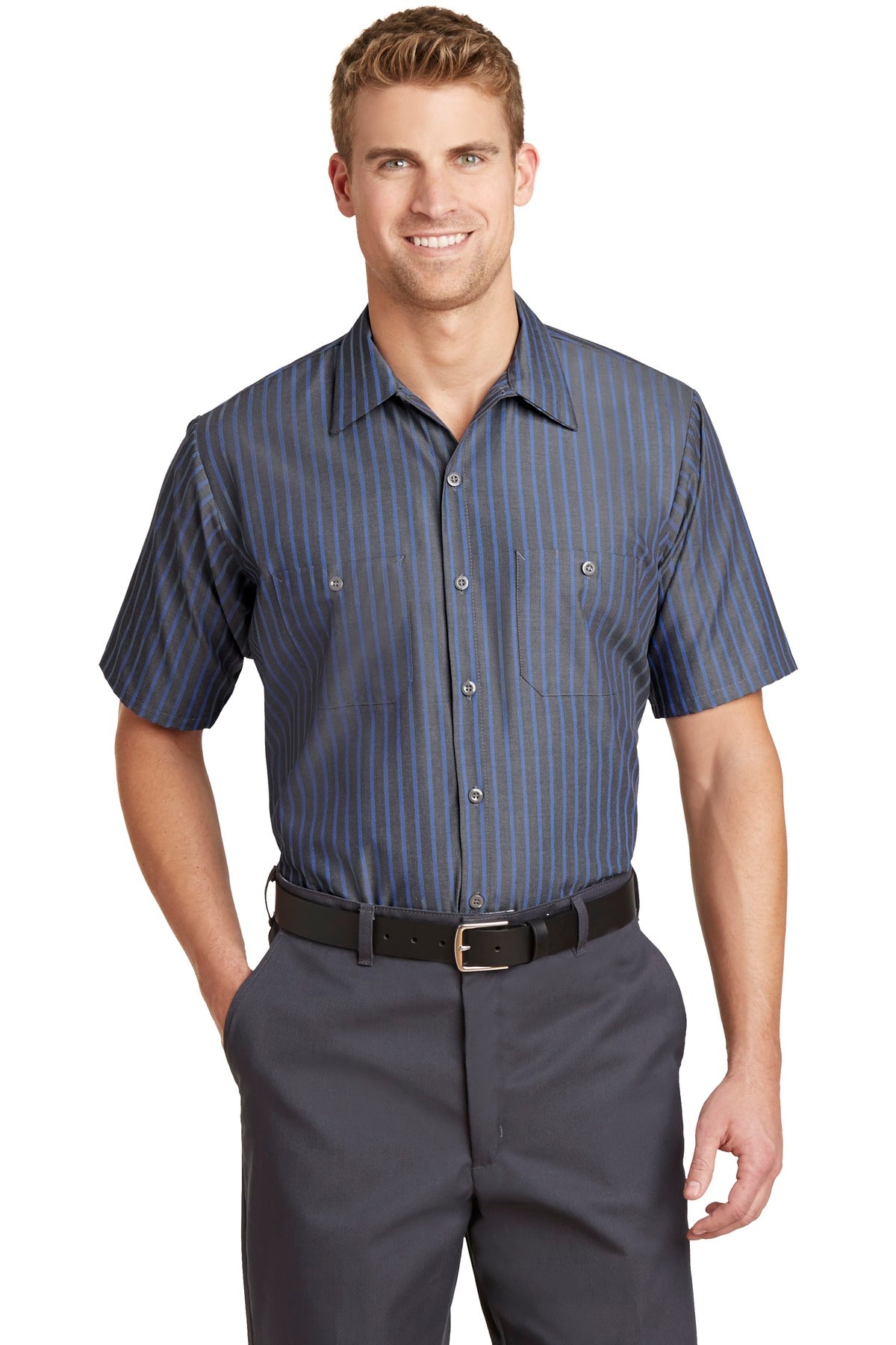 Red Kap Short Sleeve Striped Industrial Work Shirt - Grey/ Blue - Front model
