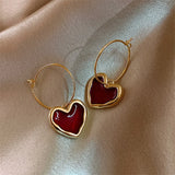 Vintage Red Love Heart Earrings for Women Gold Color Metal Love Heart Hanging Dangle Earring Women's Jewelry Gifts