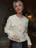 Vintage Solid Coat Button Long Sleeve O Neck Jacket With Pocket