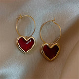 Vintage Red Love Heart Earrings for Women Gold Color Metal Love Heart Hanging Dangle Earring Women's Jewelry Gifts
