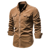 Vintage Business Casual Fashion Solid Color Corduroy Men Shirts