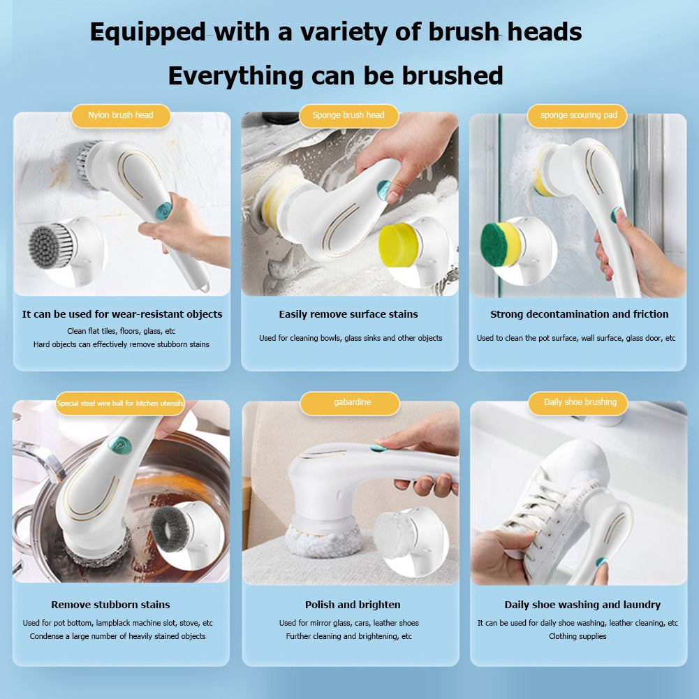 5-in-1 Multifunctional Electric Cleaning Brush,  USB Charging Bathroom Wash Brush, Kitchen Cleaning Tool, Dishwashing Brush, Bathtub Brush