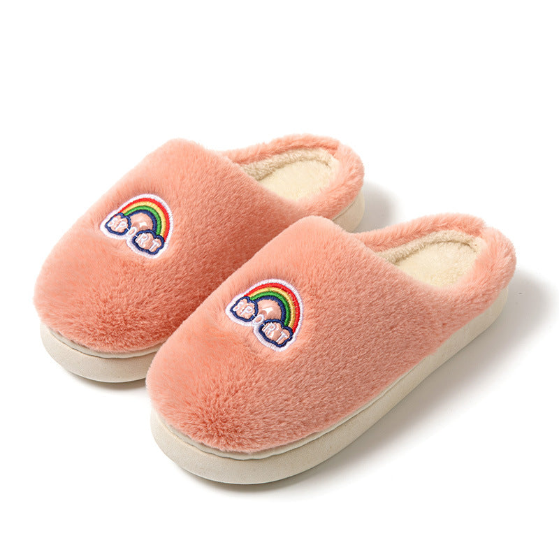 Kawaii Rainbow Embroidered Slippers Warm Slip On Plush Shoes Couple Indoor Home Slippers Winter