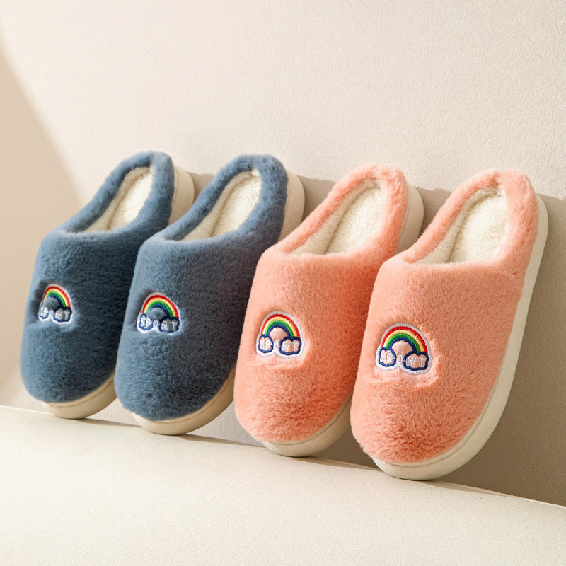 Kawaii Rainbow Embroidered Slippers Warm Slip On Plush Shoes Couple Indoor Home Slippers Winter