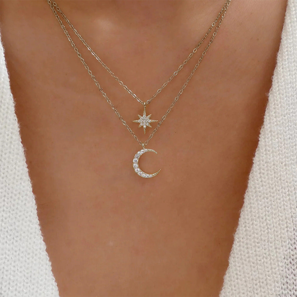 Women's S925 Sterling Silver Double Layer Twin Diamond Star And Moon Necklace