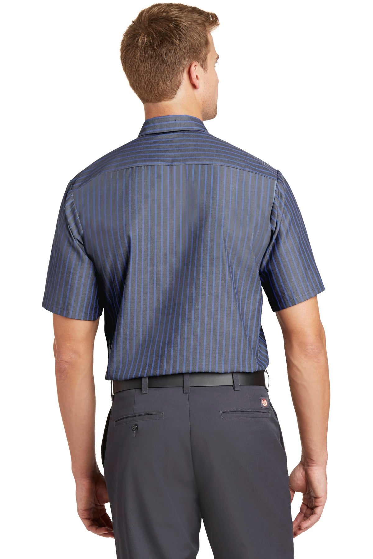 Red Kap Short Sleeve Striped Industrial Work Shirt - Grey/ Blue - Back model