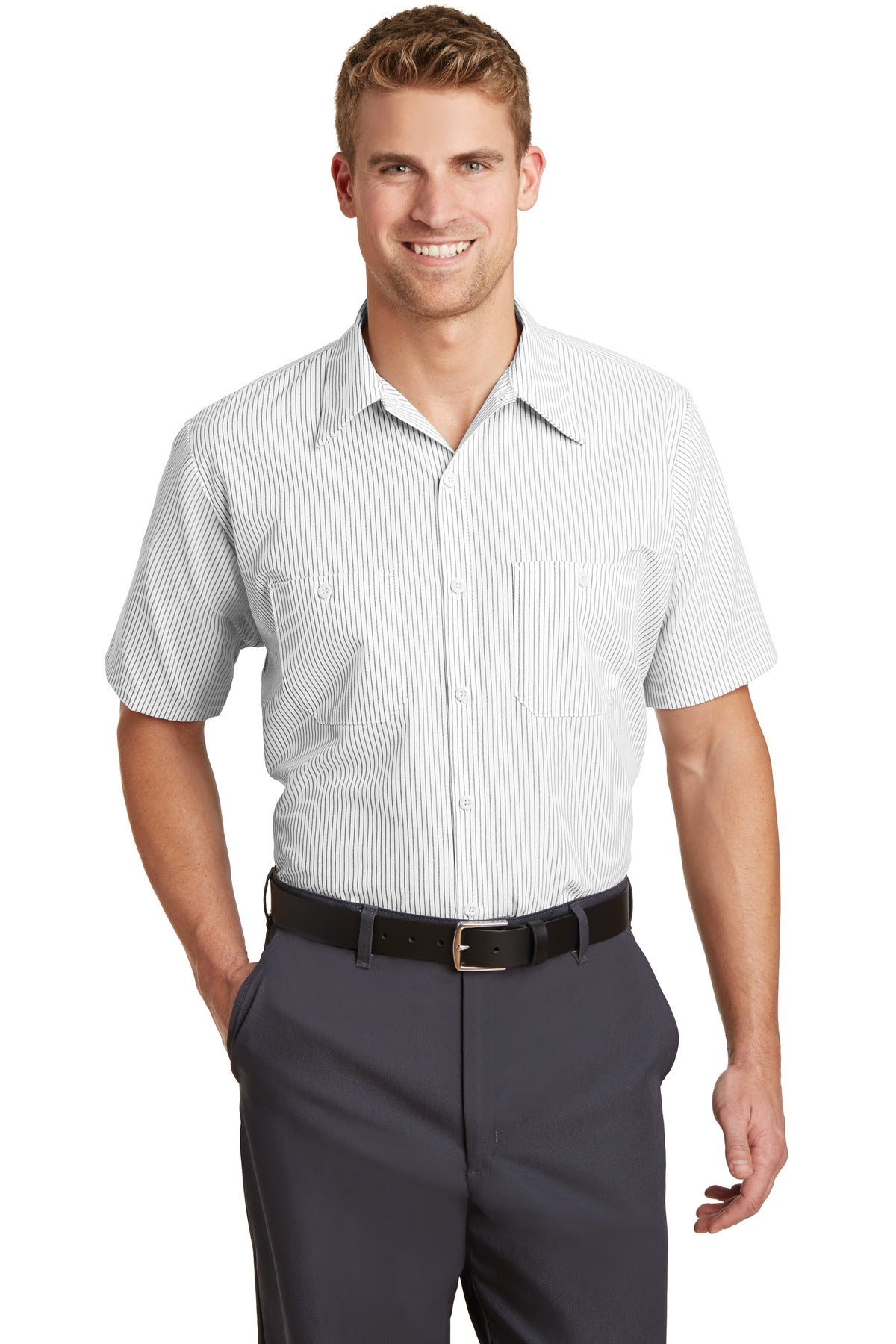 Red Kap Short Sleeve Striped Industrial Work Shirt - Grey/ White - Front model
