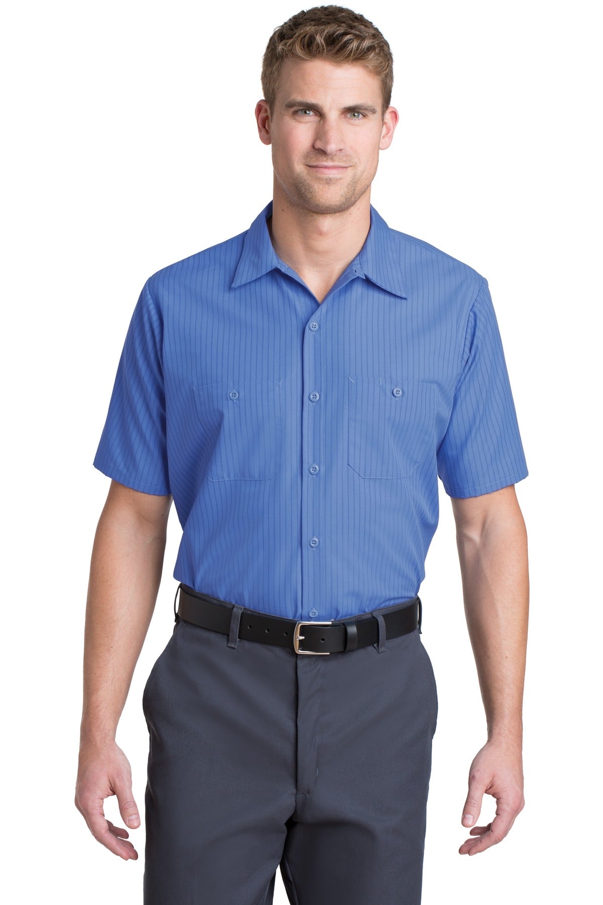 Red Kap Short Sleeve Striped Industrial Work Shirt - Petrol Blue/ Navy - Front model