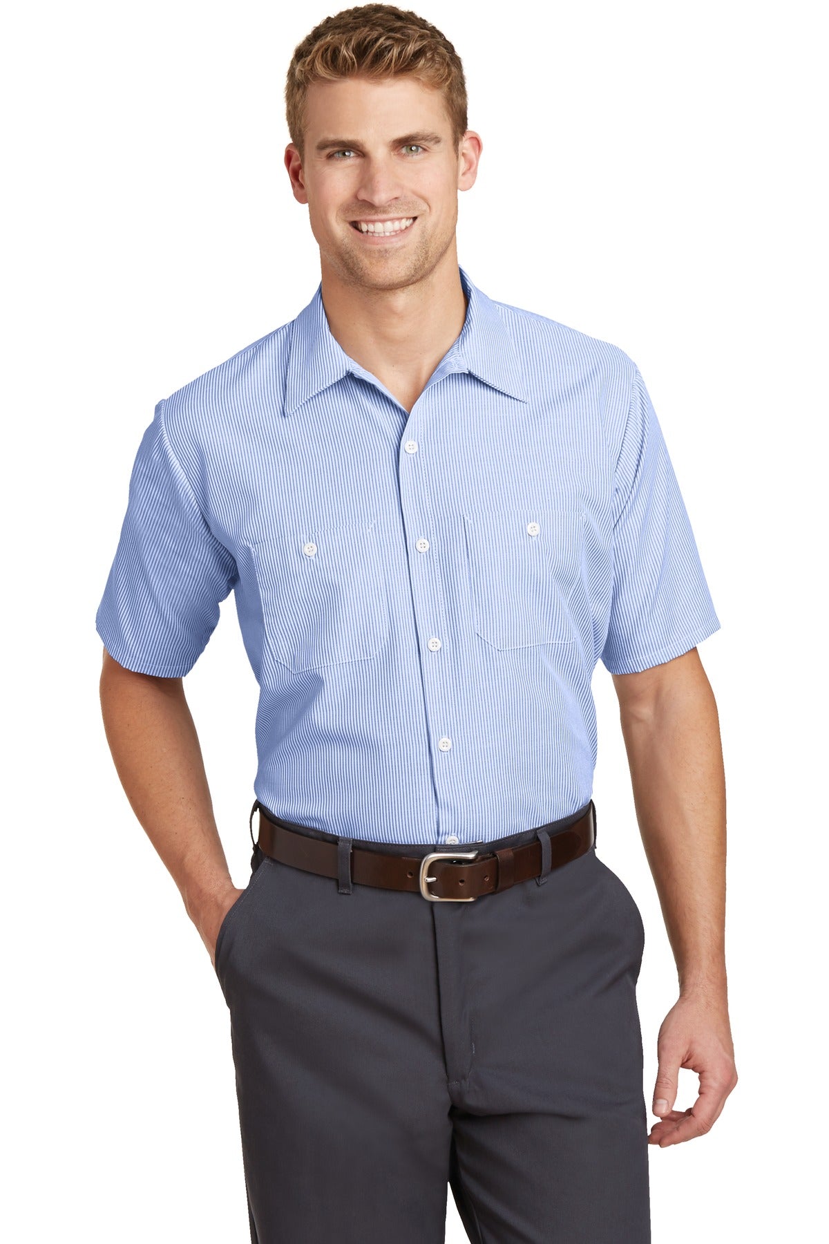 Red Kap Short Sleeve Striped Industrial Work Shirt - White/ Blue - Front model