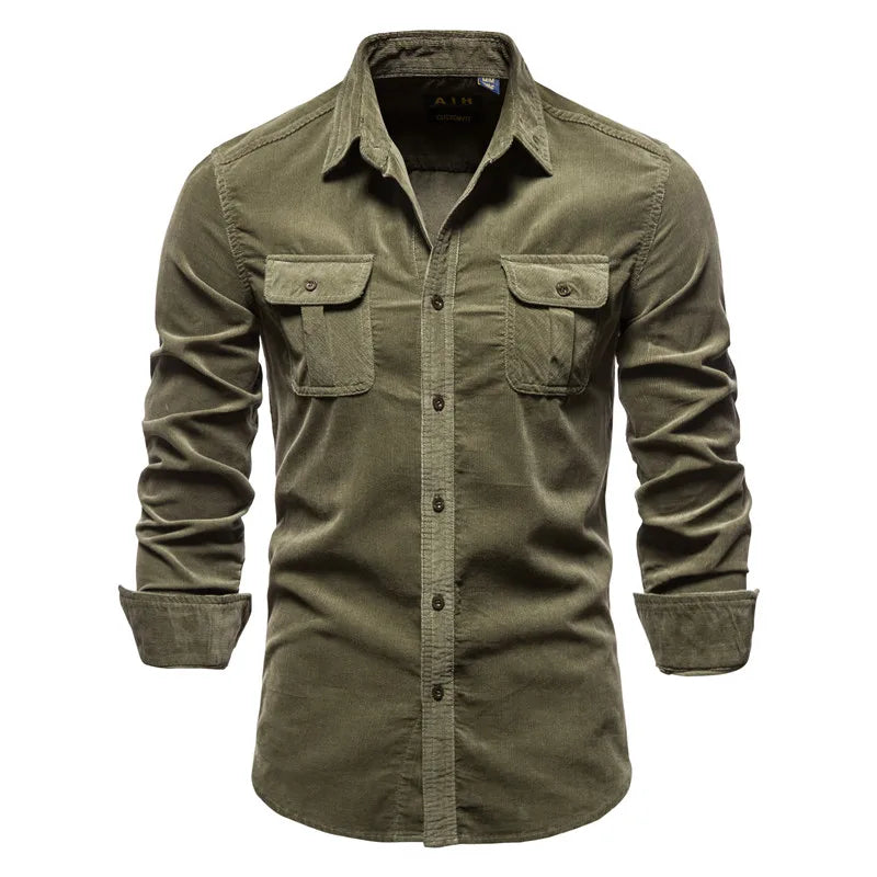 Vintage Business Casual Fashion Solid Color Corduroy Men Shirts