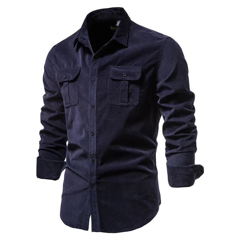 Vintage Business Casual Fashion Solid Color Corduroy Men Shirts