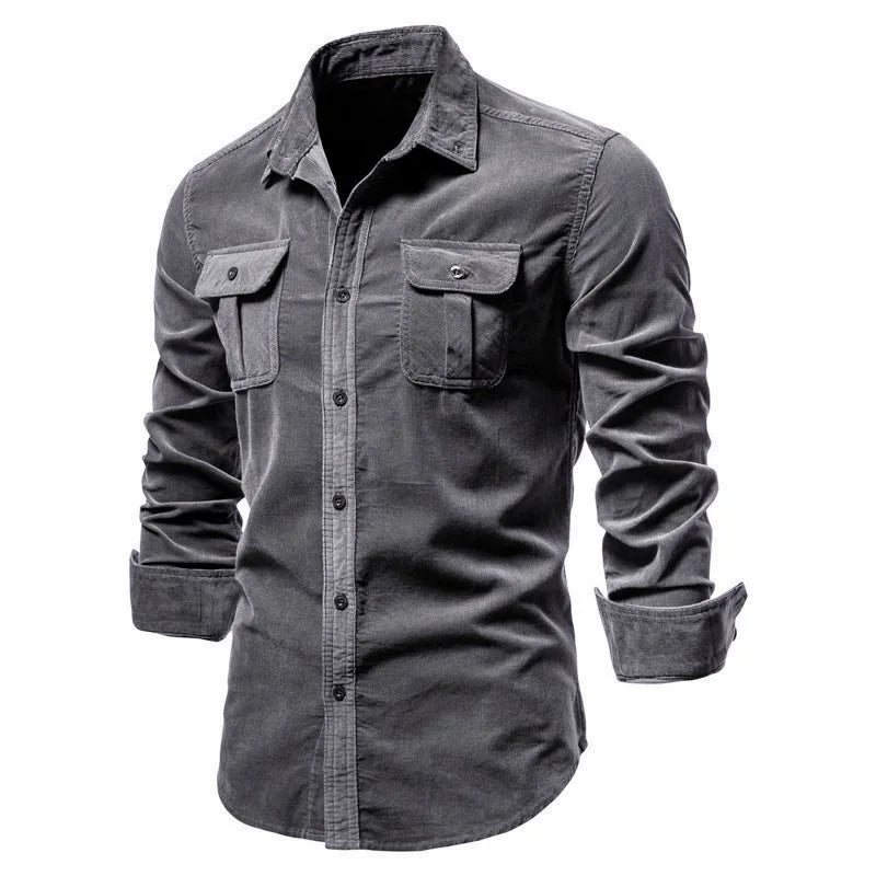 Vintage Business Casual Fashion Solid Color Corduroy Men Shirts