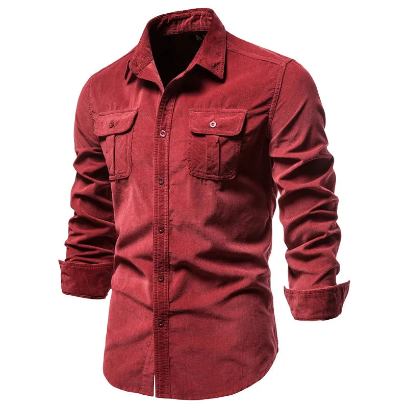Vintage Business Casual Fashion Solid Color Corduroy Men Shirts