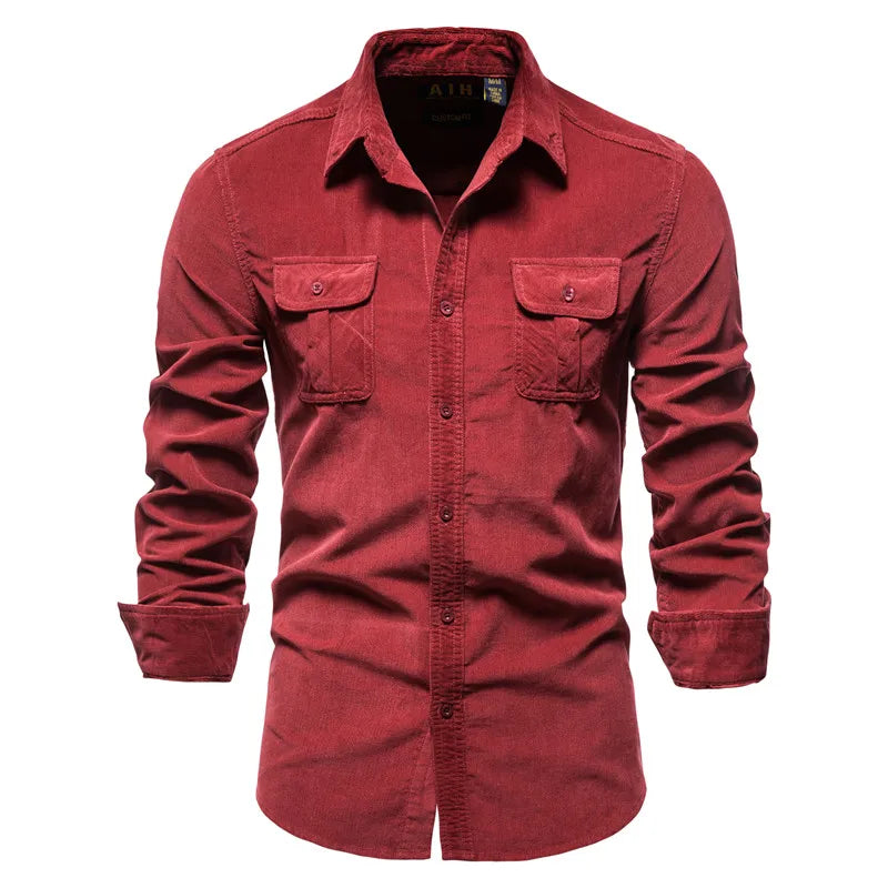 Vintage Business Casual Fashion Solid Color Corduroy Men Shirts