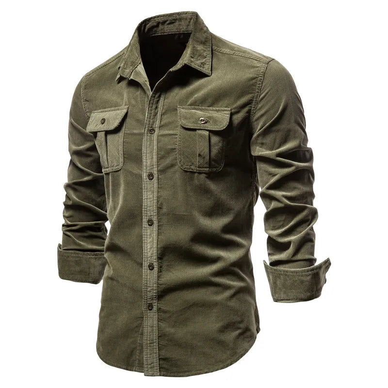 Vintage Business Casual Fashion Solid Color Corduroy Men Shirts