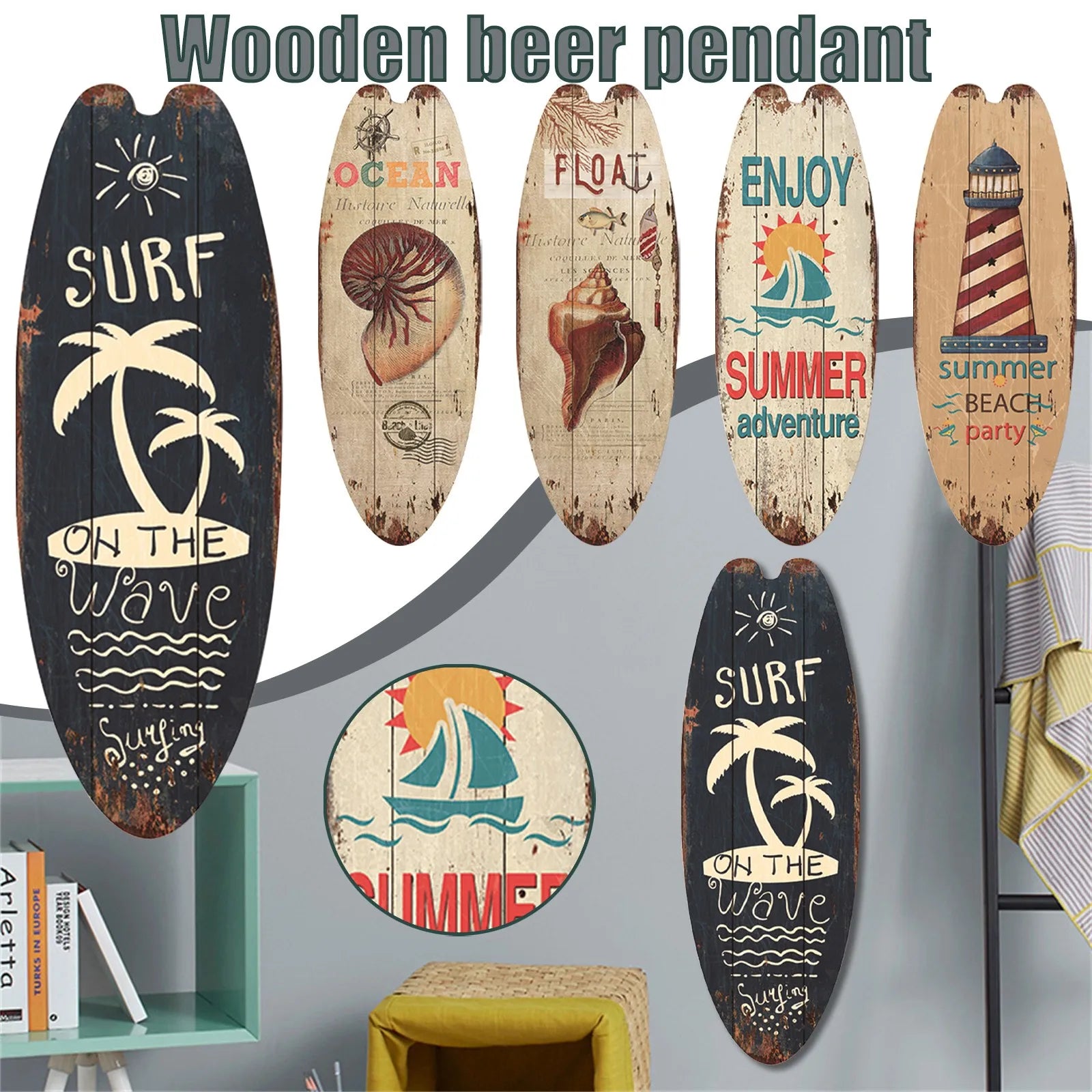 Vintage Wooden Surfboard Sign Beach Decor