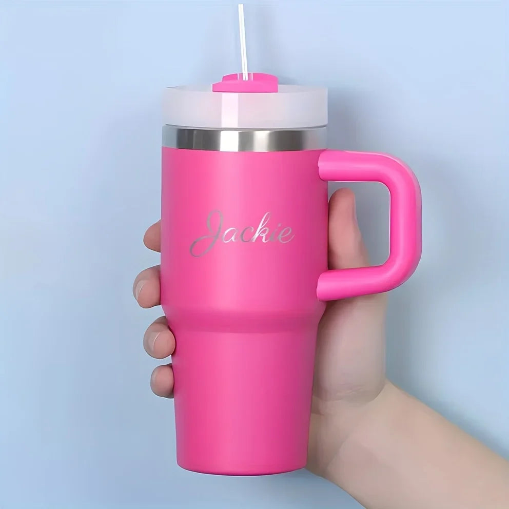 Customizable Stainless Steel Travel Cup with Straw, Personalized Name Water Bottle