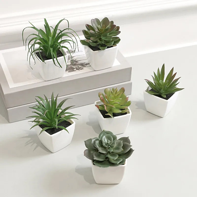 6PCS Home Decoration, Mini Evergreen Artificial Succulent Small Potted Plants