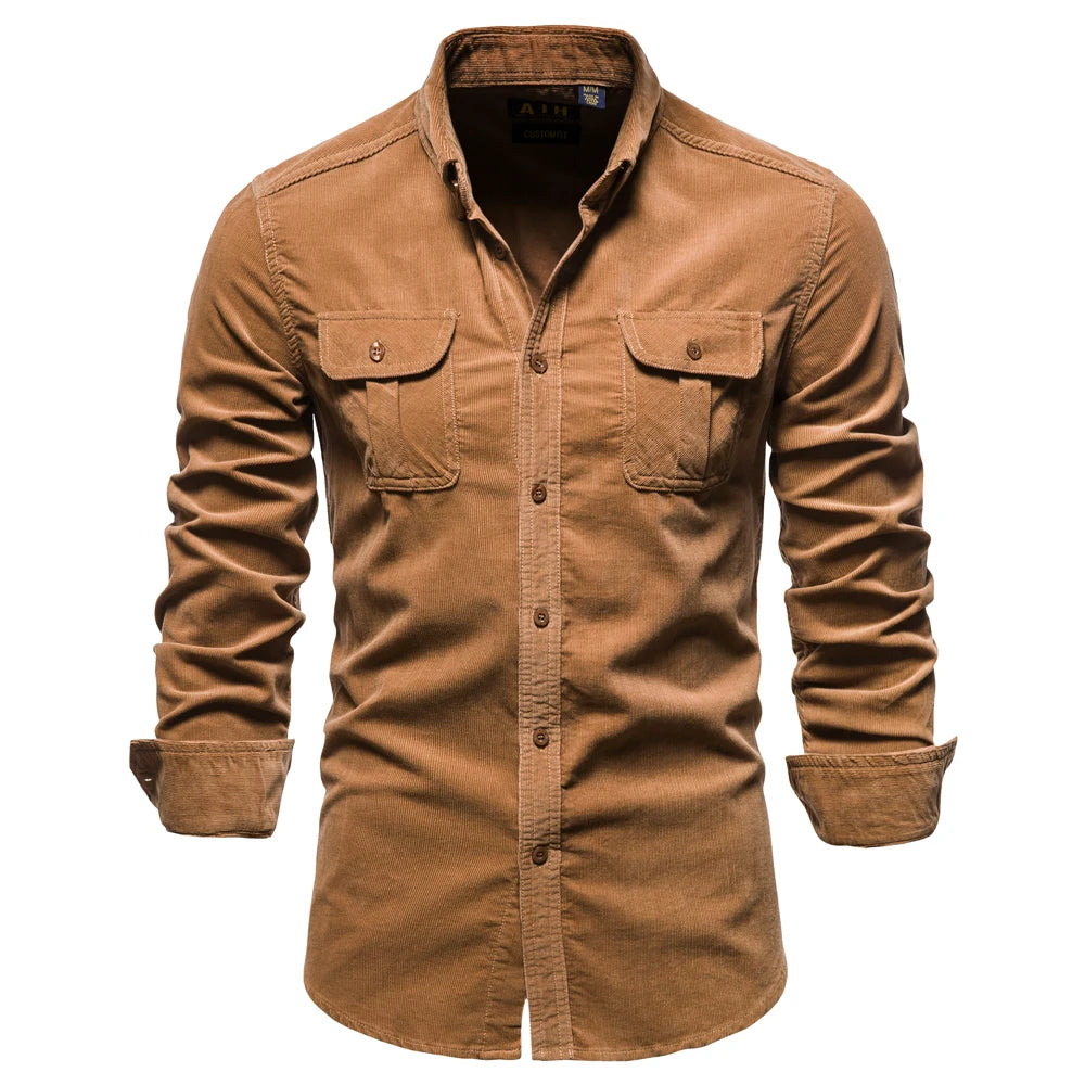 Vintage Business Casual Fashion Solid Color Corduroy Men Shirts