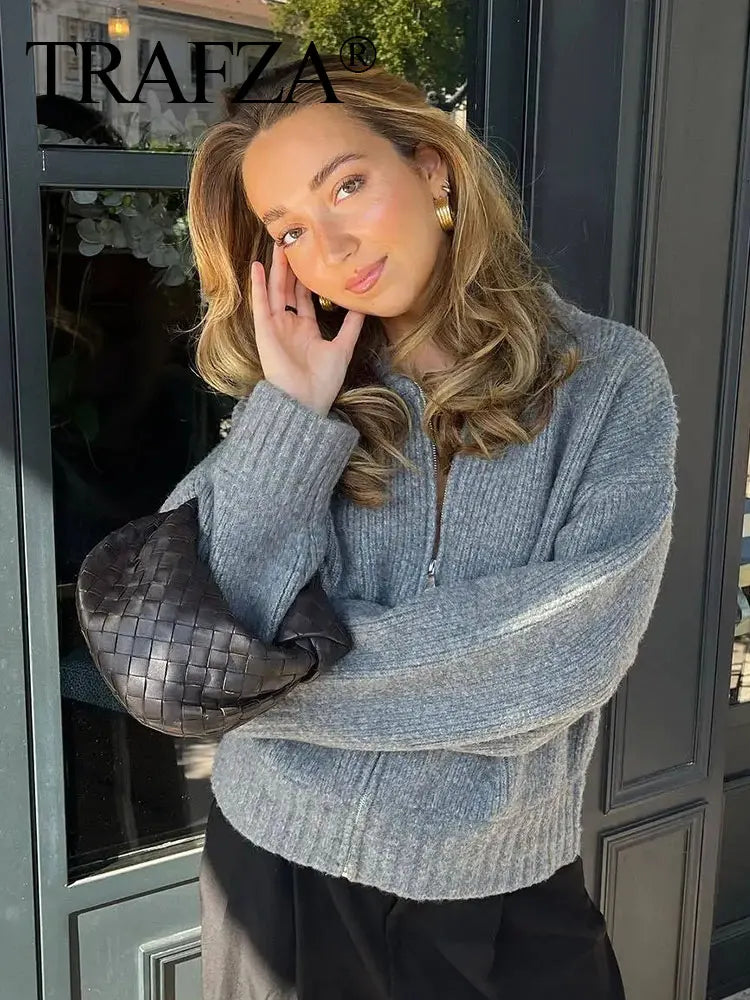 Vintage Solid Color Coat Long Sleeve Round Neck Sweater Jacket