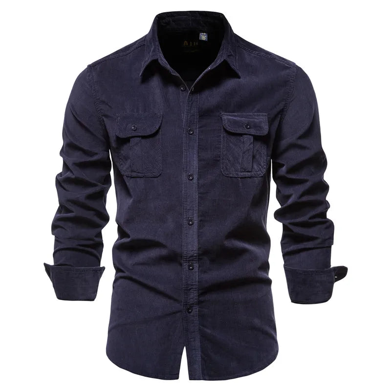 Vintage Business Casual Fashion Solid Color Corduroy Men Shirts