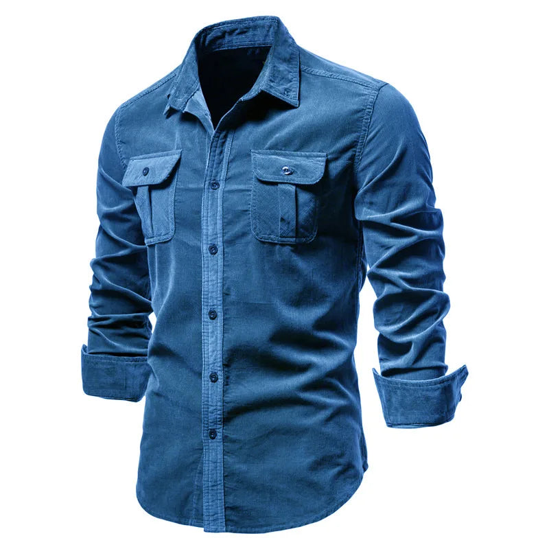 Vintage Business Casual Fashion Solid Color Corduroy Men Shirts
