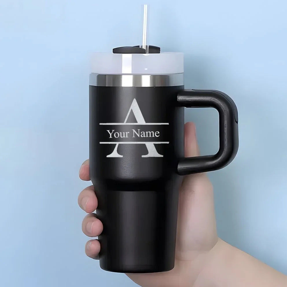 Customizable Stainless Steel Travel Cup with Straw, Personalized Name Water Bottle