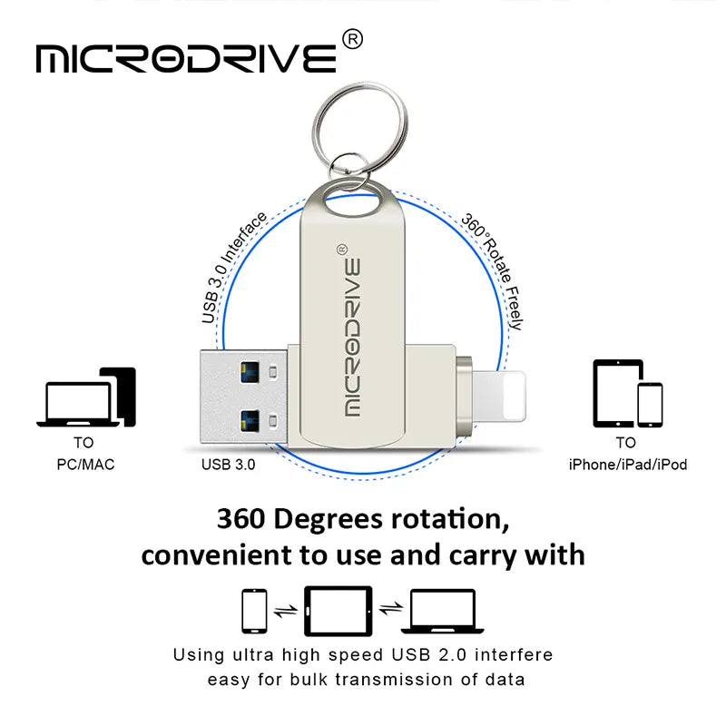 Rotate Usb 3.0 Flash Drive for iPhone with 2 in 1 USB-A to lightning interface usb3.0 pendrive for Iphone7/8/9/11/12/13 / Ipad