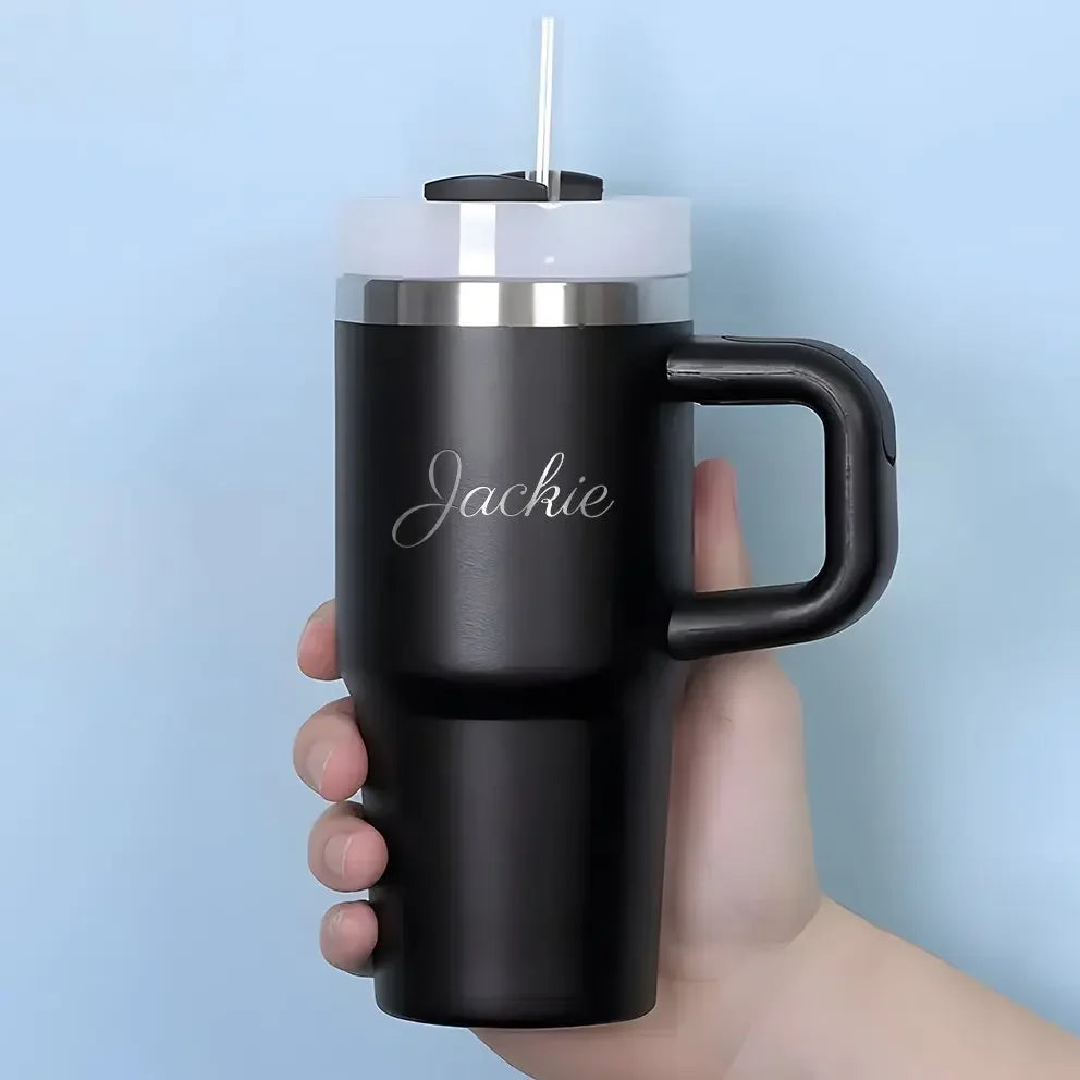 Customizable Stainless Steel Travel Cup with Straw, Personalized Name Water Bottle