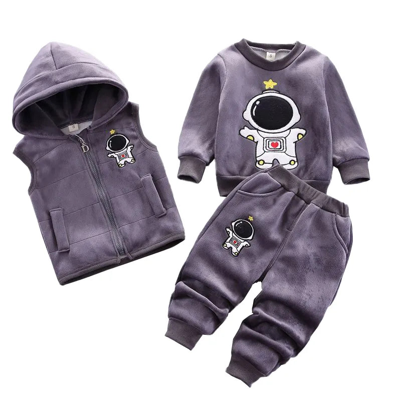 Baby Boys Clothes Sets Autumn Winter Thick Fleece Astronaut Hooded Vest Coat Pants 3Pcs for Kids Casual Outfits Girls Warm Suit