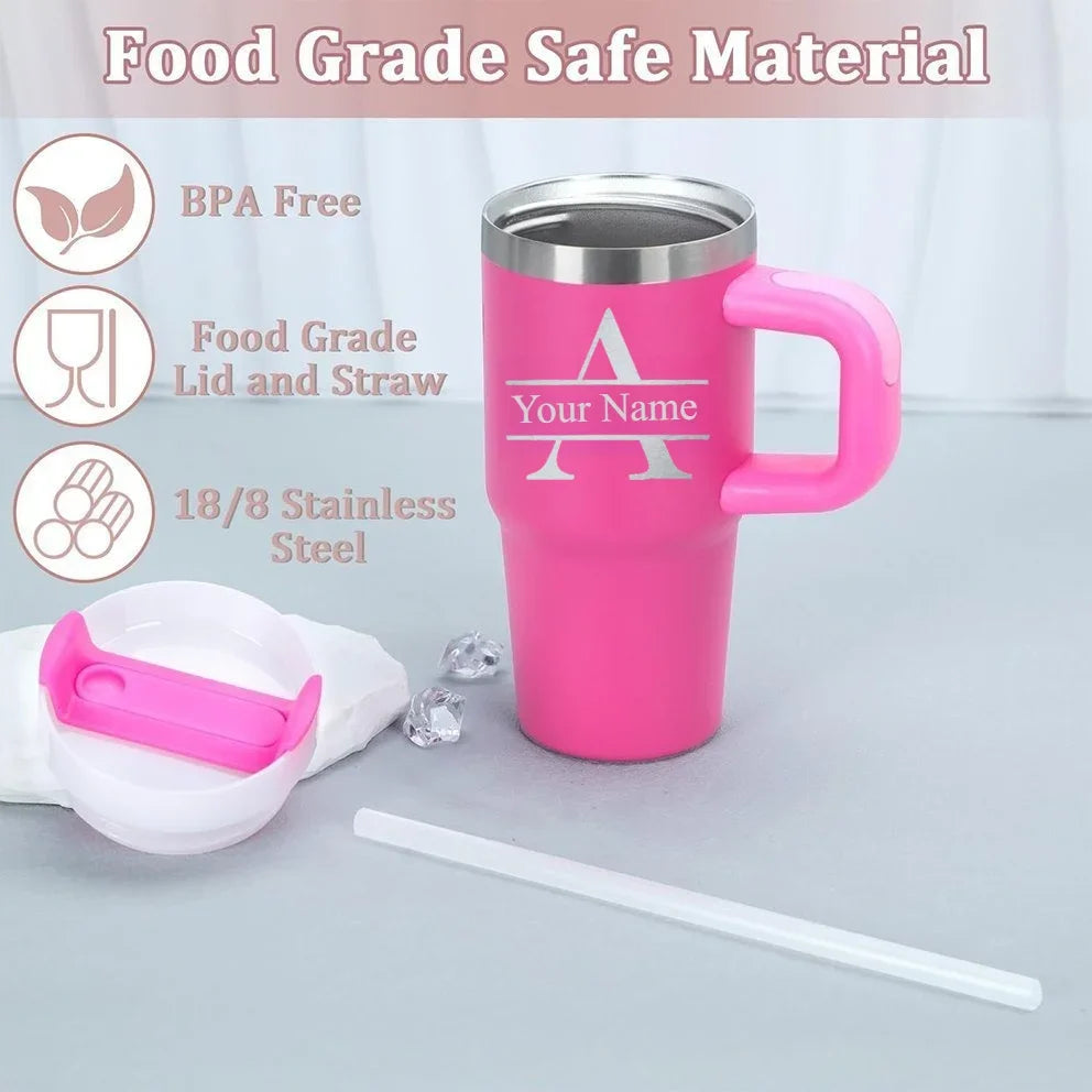 Customizable Stainless Steel Travel Cup with Straw, Personalized Name Water Bottle