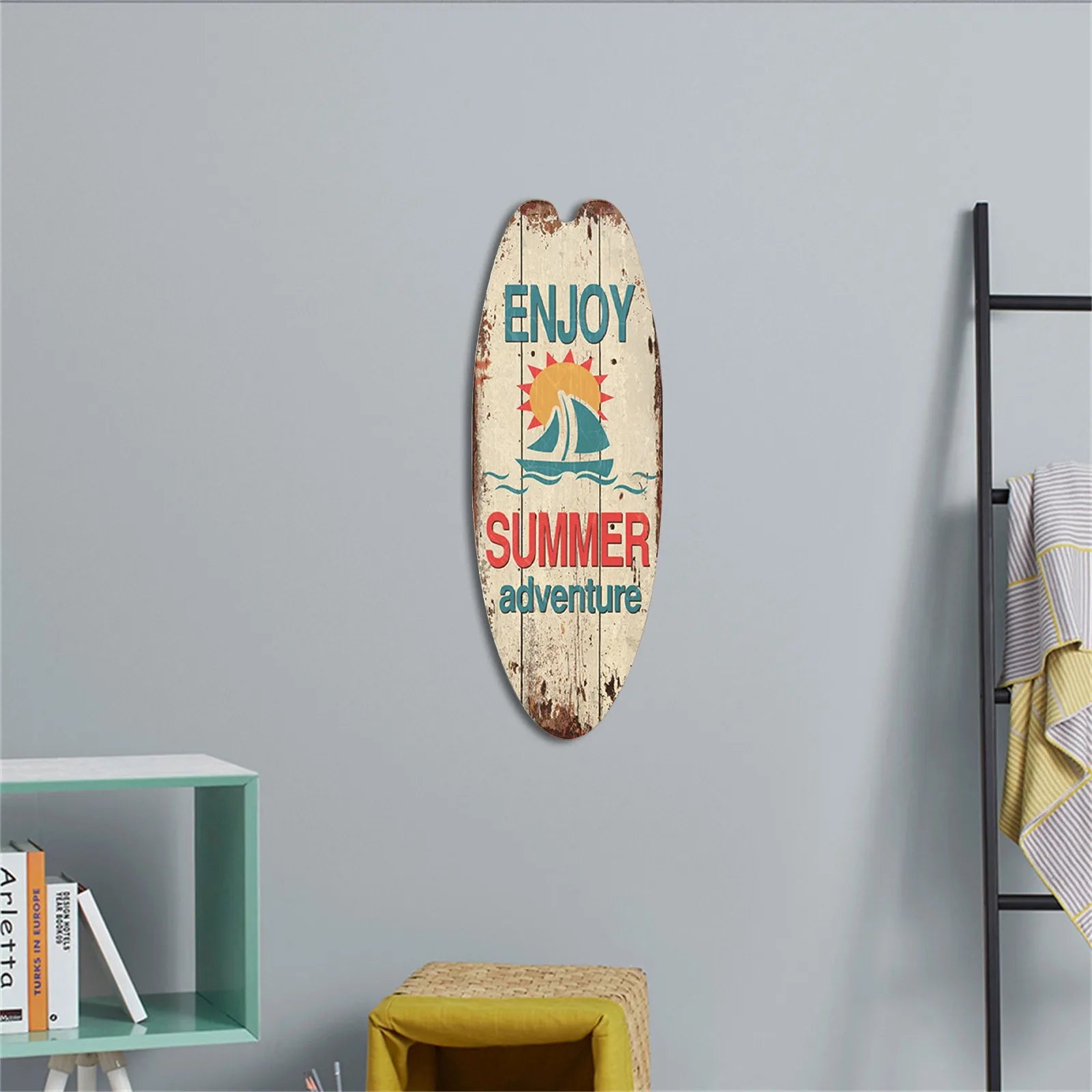 Vintage Wooden Surfboard Sign Beach Decor