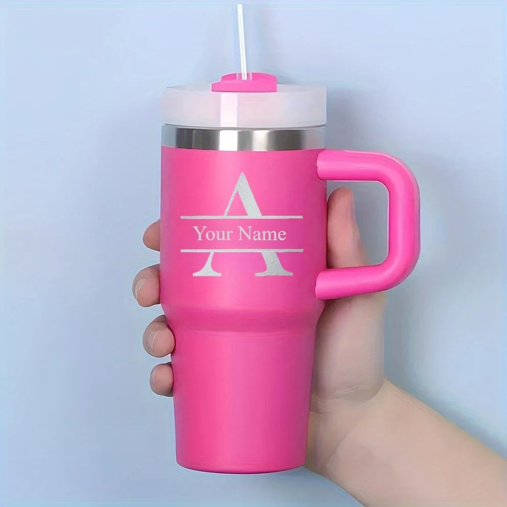 Customizable Stainless Steel Travel Cup with Straw, Personalized Name Water Bottle