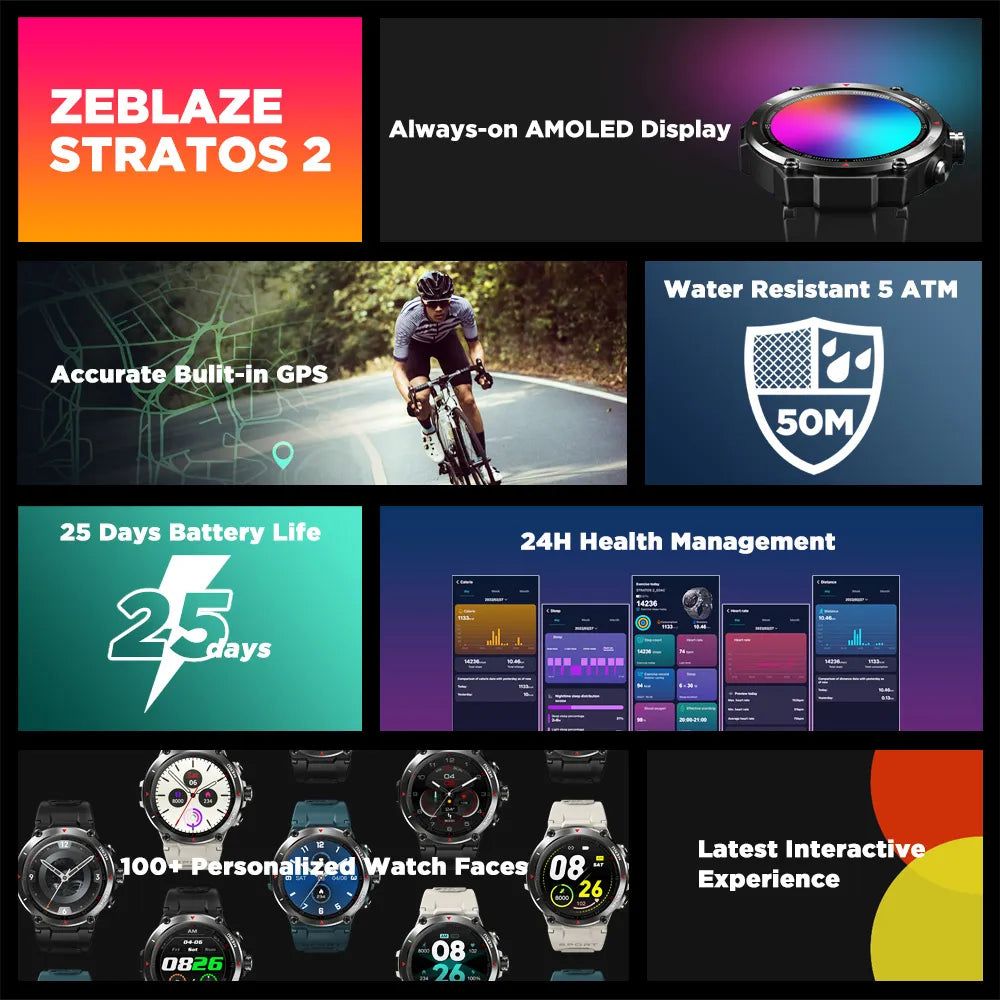 [The New 2022] Zeblaze Stratos 2 GPS Smart Watch AMOLED Display 24h Health Monitor 5 ATM Long Battery Life Smartwatch for Men