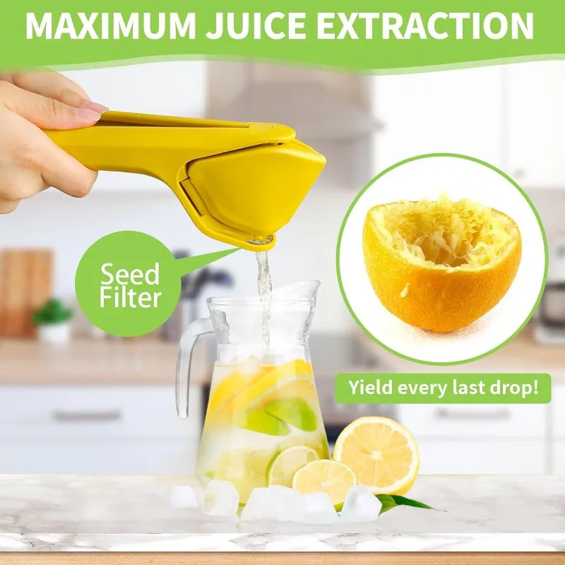 Max Juice Extraction Lemon Lime Squeezer EasytoUse Flat Lemon Squeezer with Leverage Squeezer with Built in Strainer Yellow