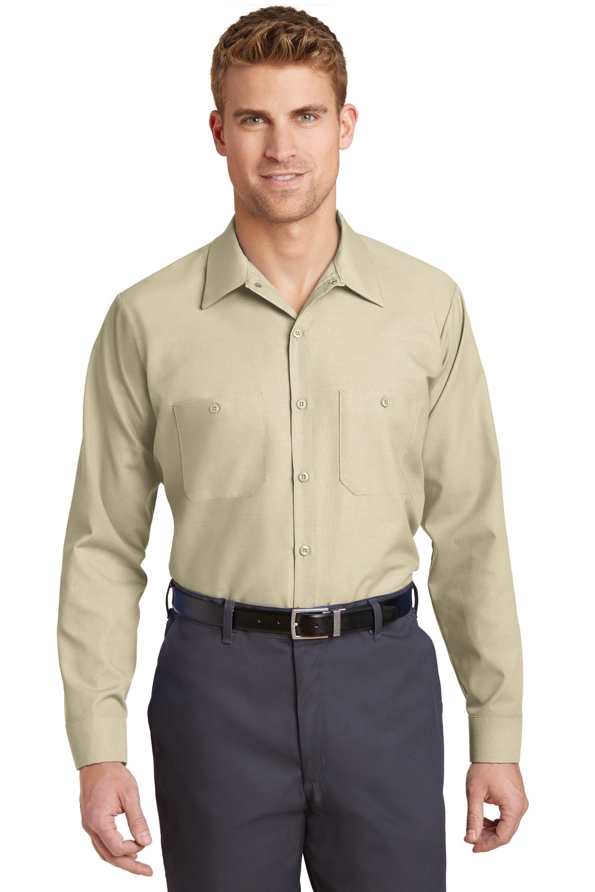 Red Kap Long Sleeve Industrial Work Shirt - Light Tan - Front model