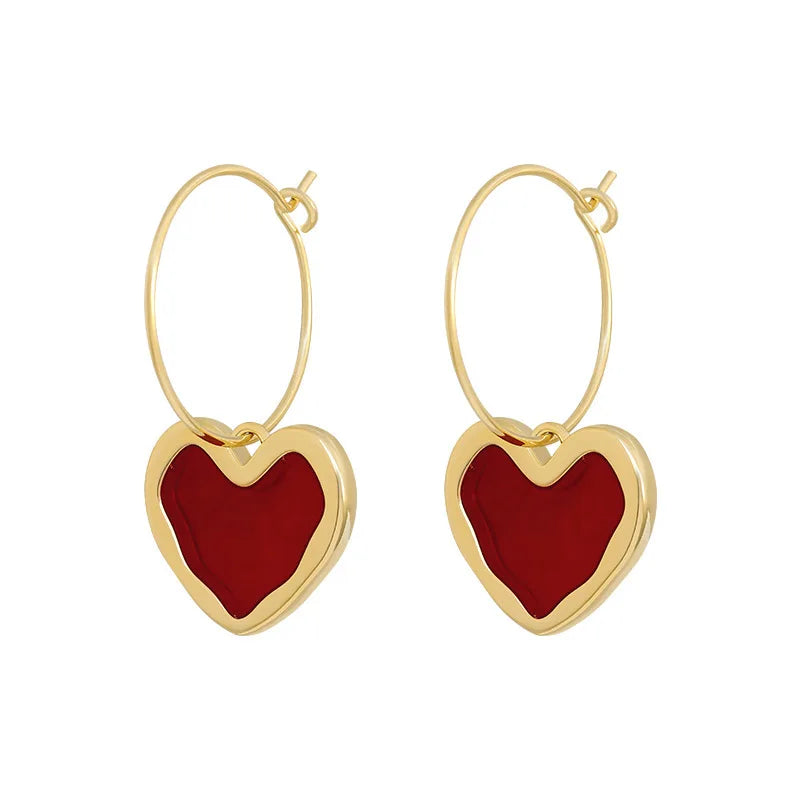 Vintage Red Love Heart Earrings for Women Gold Color Metal Love Heart Hanging Dangle Earring Women's Jewelry Gifts