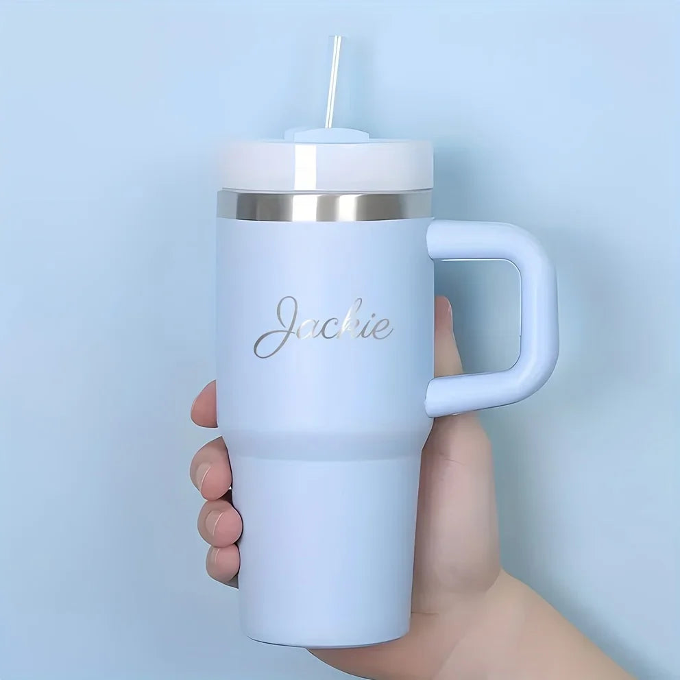 Customizable Stainless Steel Travel Cup with Straw, Personalized Name Water Bottle