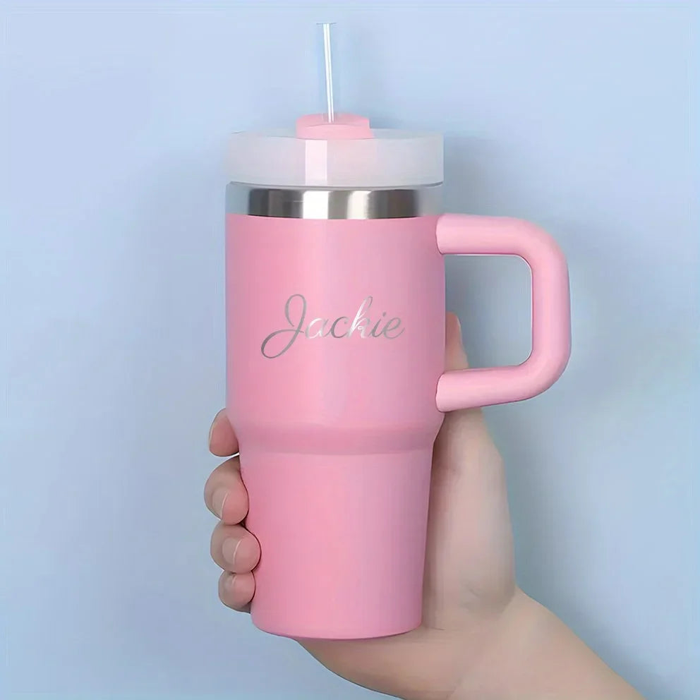 Customizable Stainless Steel Travel Cup with Straw, Personalized Name Water Bottle