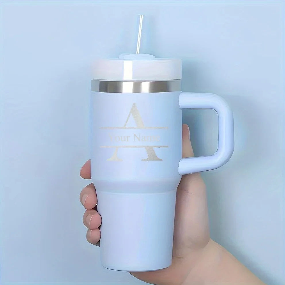 Customizable Stainless Steel Travel Cup with Straw, Personalized Name Water Bottle