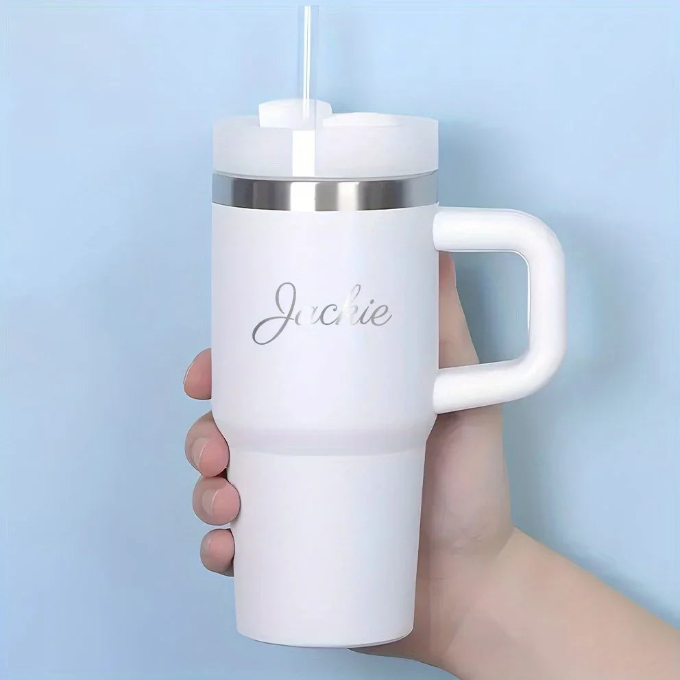 Customizable Stainless Steel Travel Cup with Straw, Personalized Name Water Bottle