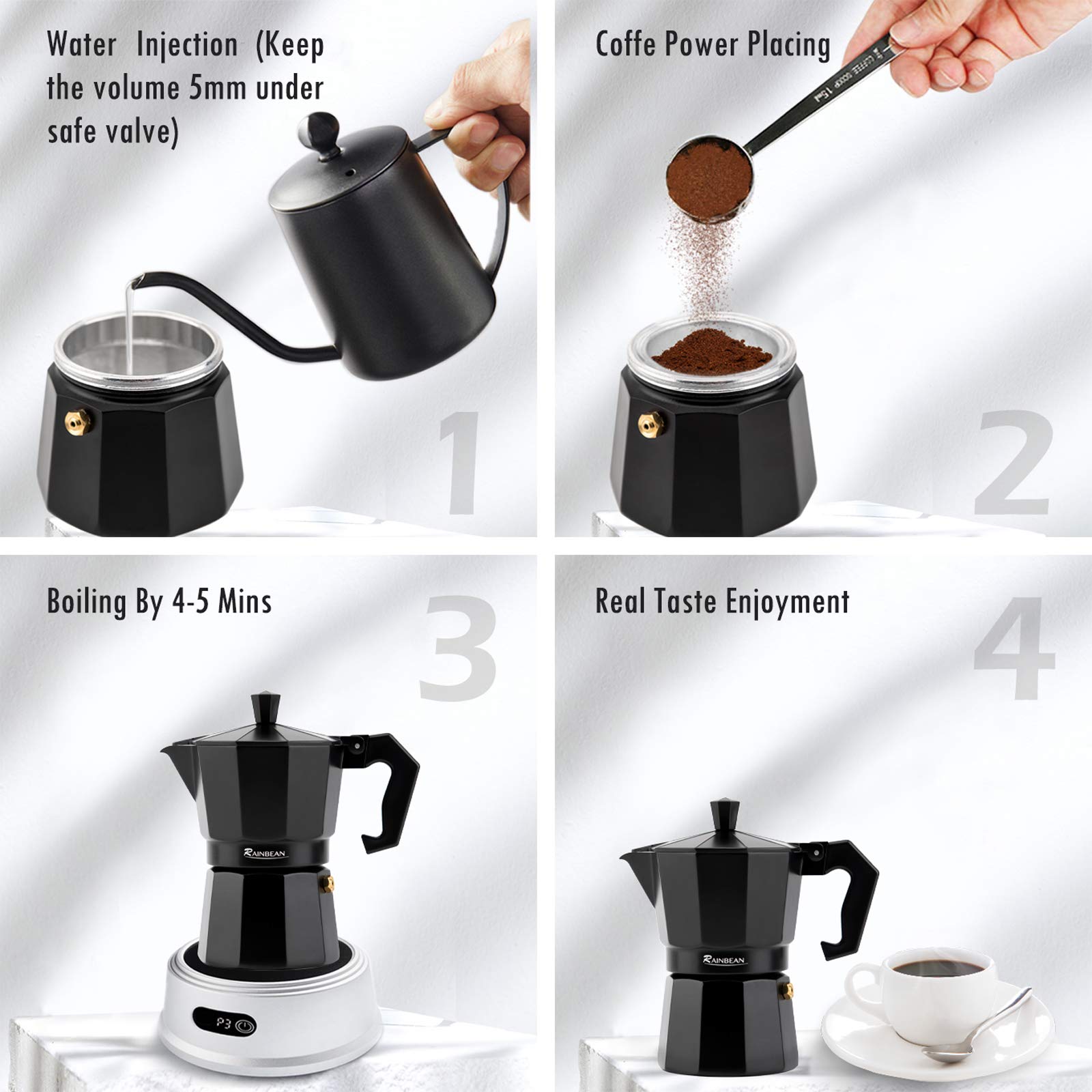 Stovetop Espresso Maker Espresso Cup Moka Pot Classic Cafe Maker Percolator Coffee Maker Italian Espresso for Gas or Electric Aluminum Black Gift package with 2 cups Amazon Platform Banned
