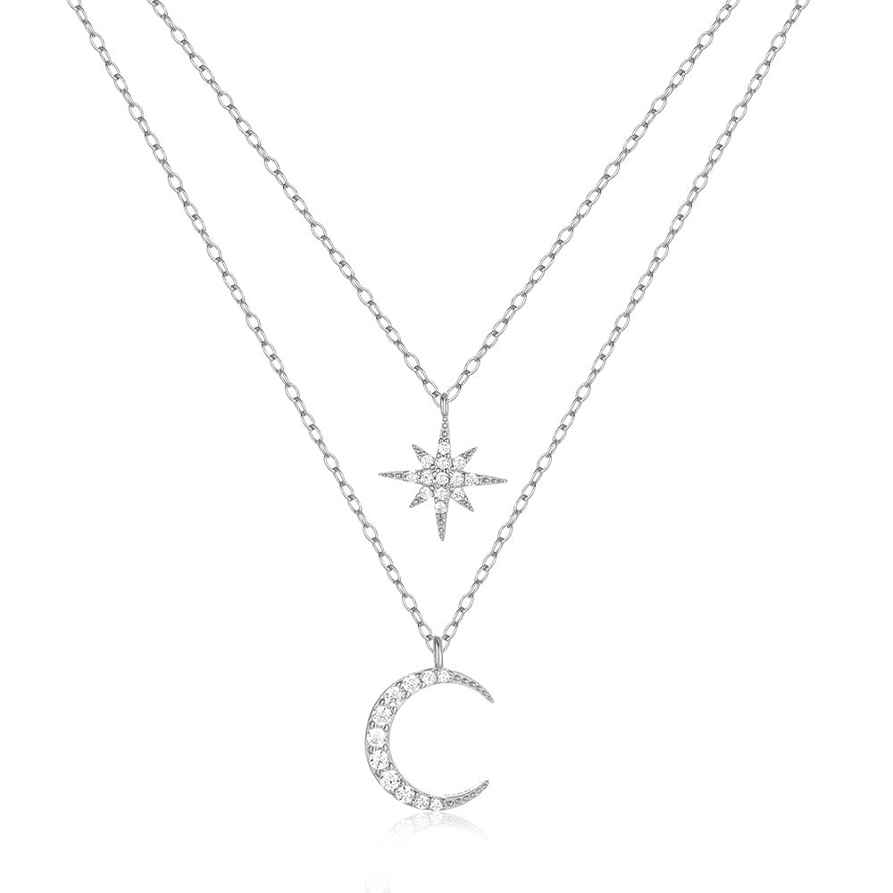 Women's S925 Sterling Silver Double Layer Twin Diamond Star And Moon Necklace
