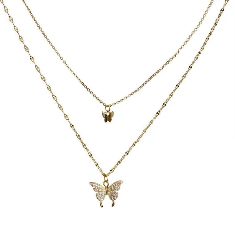 Women's New Double Layer Butterfly Sterling Silver Necklace