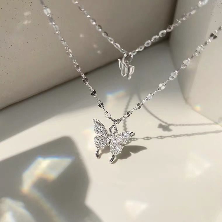 Women's New Double Layer Butterfly Sterling Silver Necklace