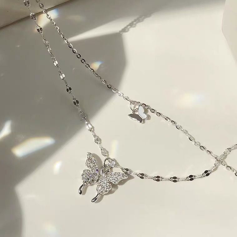Women's New Double Layer Butterfly Sterling Silver Necklace